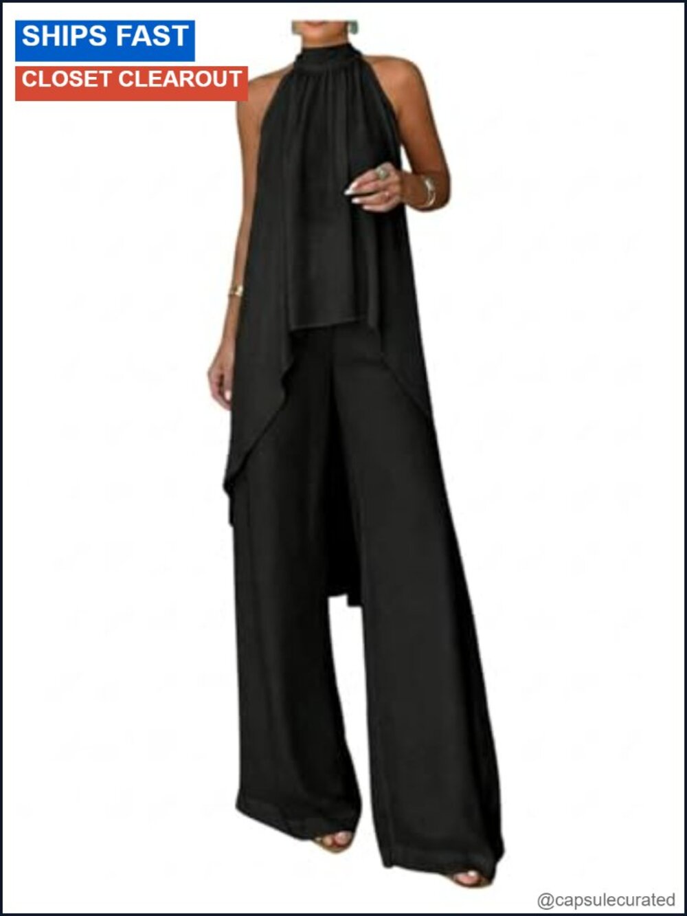 Floerns 2 Piece Vacation Outfit High Low Halter Top Wide Leg Pants Set